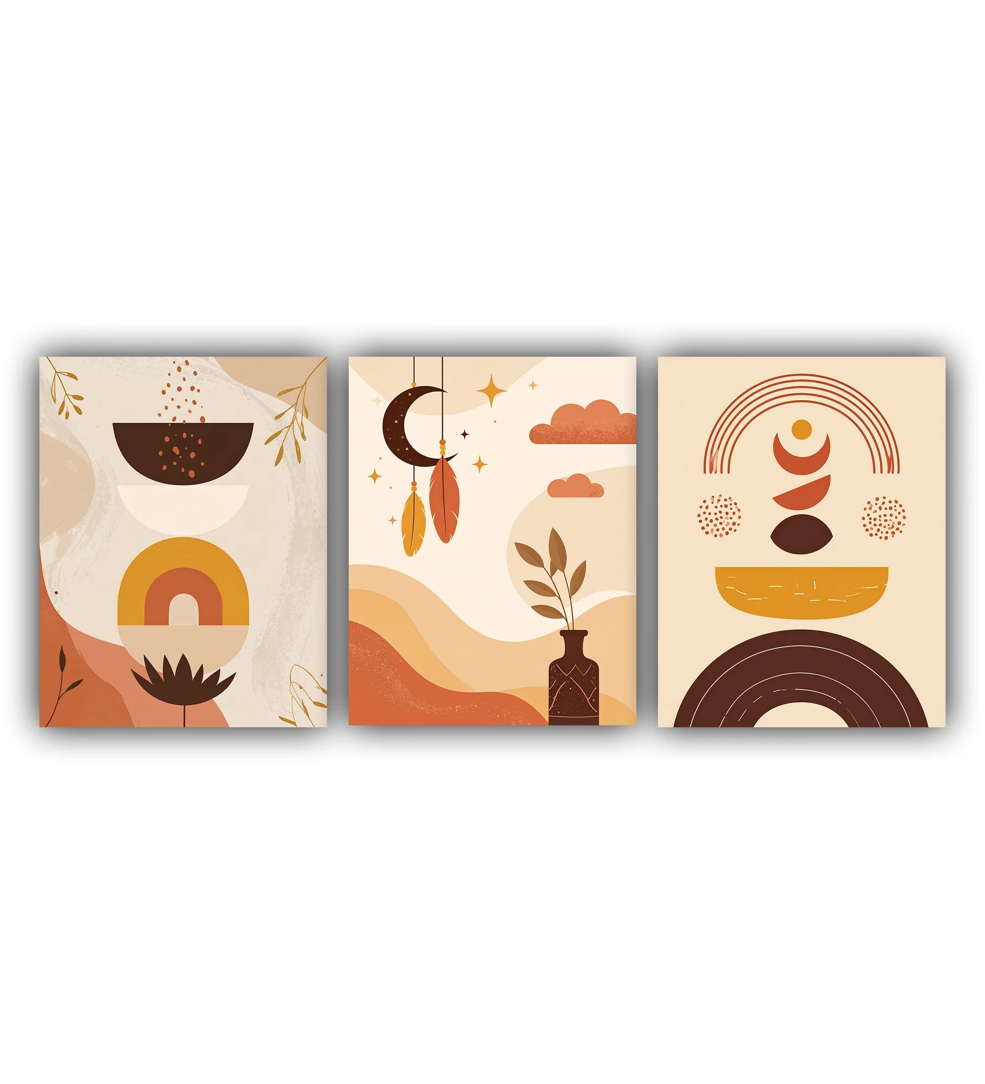 Three abstract art prints with geometric shapes and patterns on a beige background.