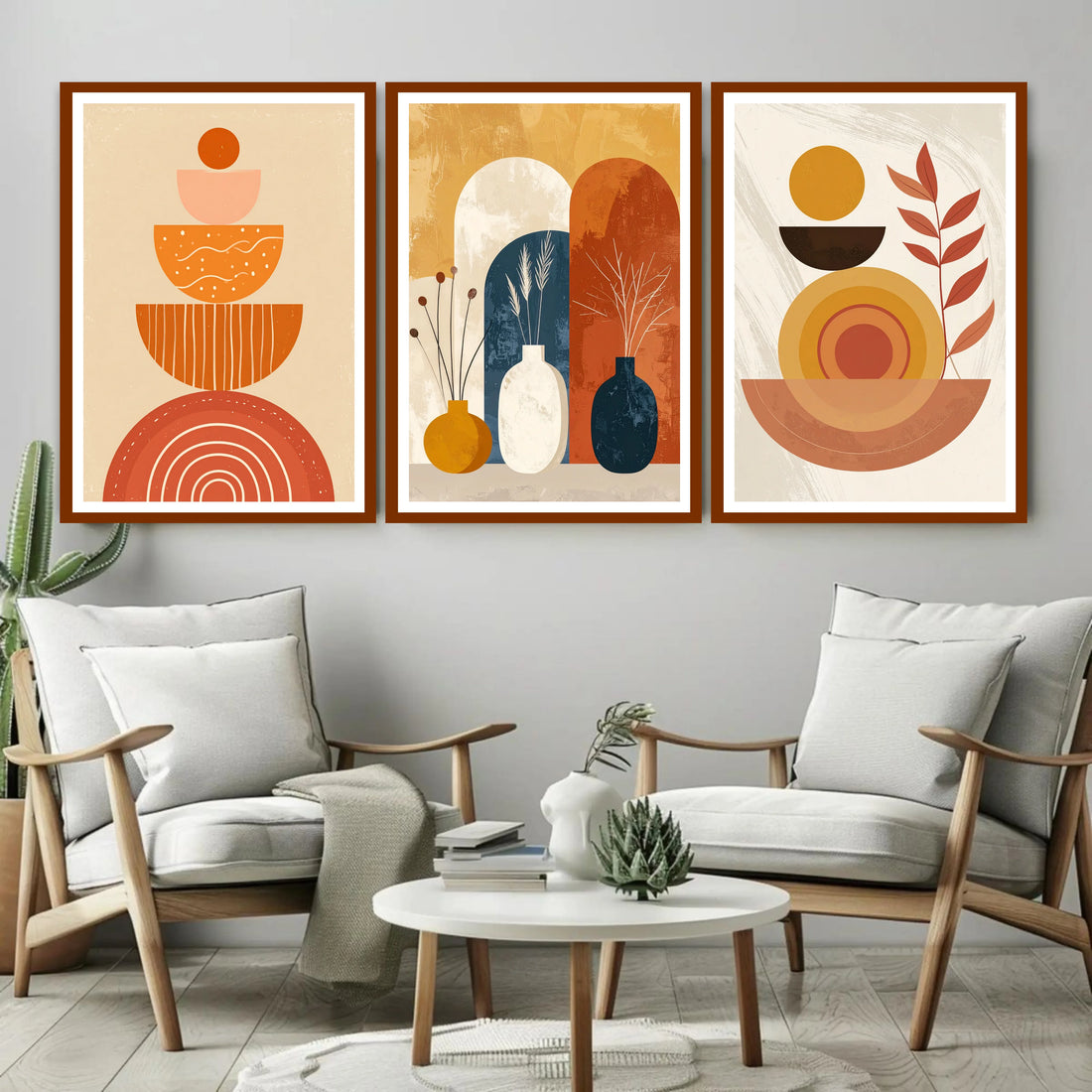 Three abstract wall art pieces in a living room setting with modern furniture.