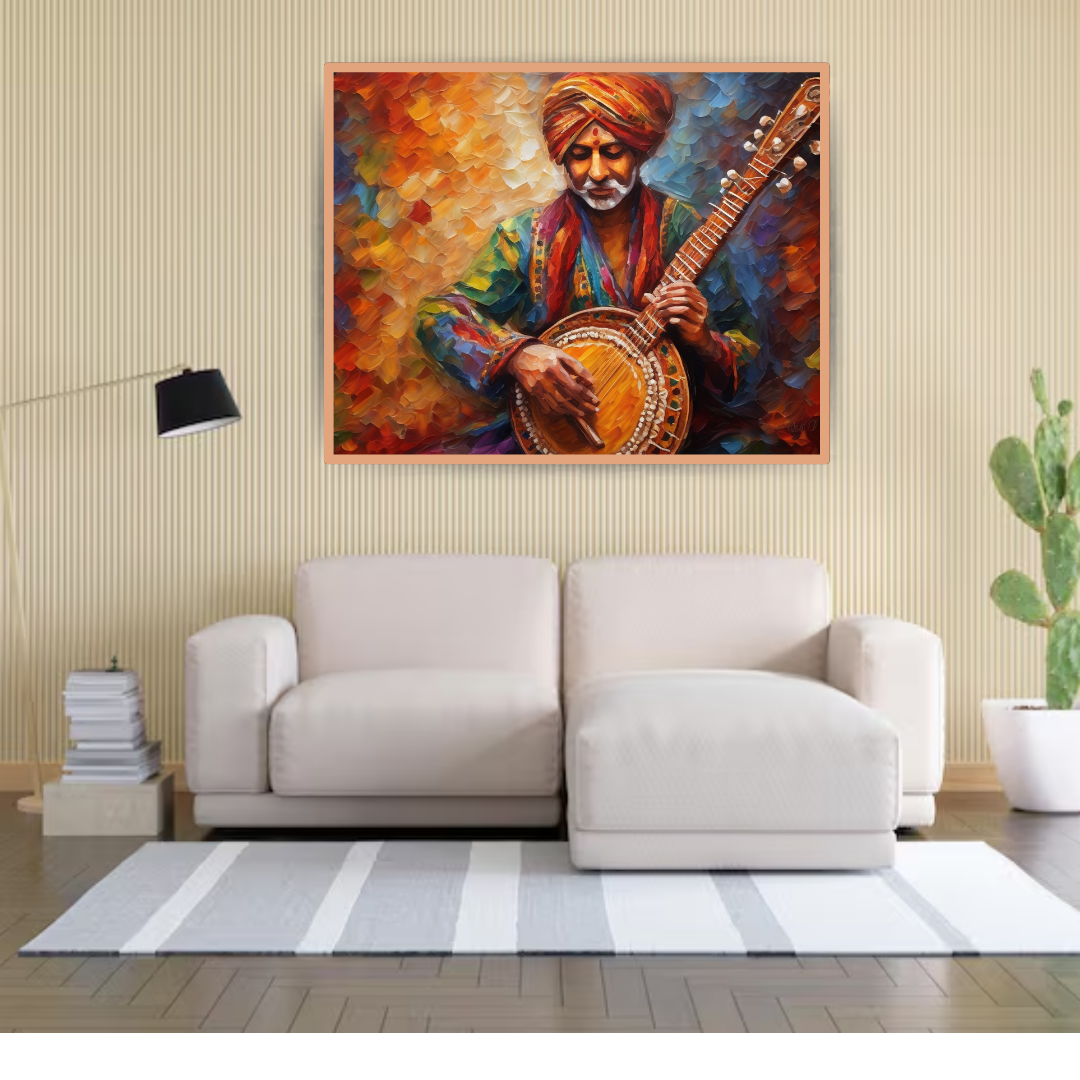 Traditional music wall art depicting Indian folk musician