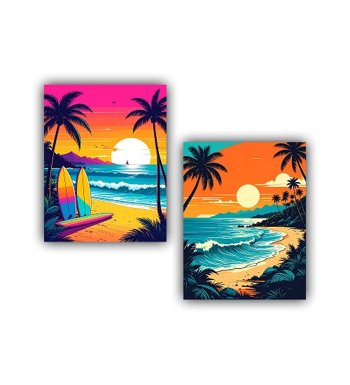 Tropical beach sunset canvas wall art painting set

