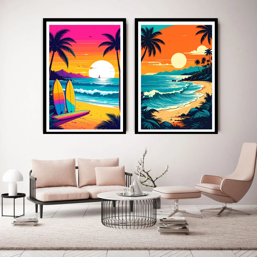 Tropical sunset beach wall art canvas painting set
