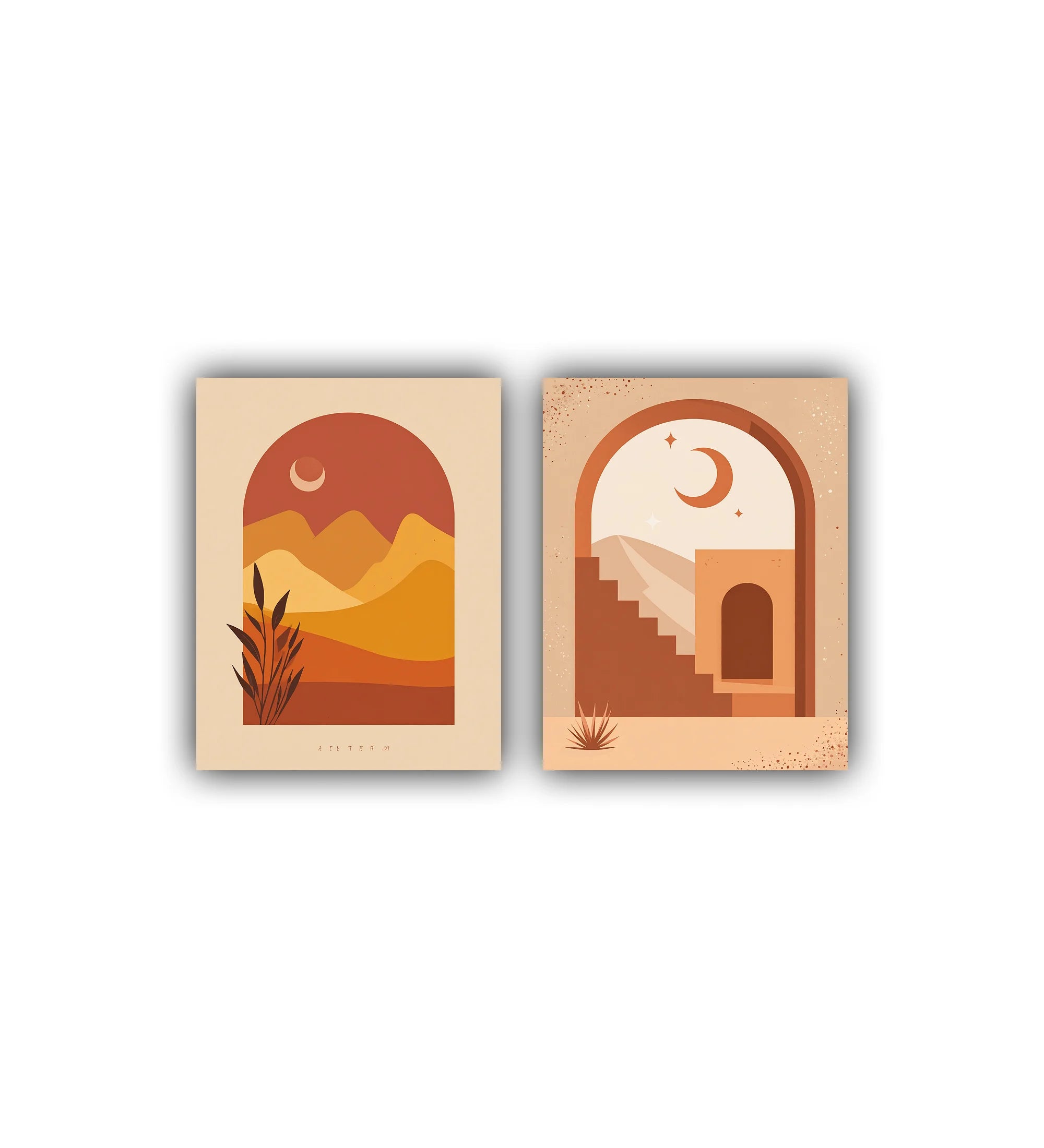 Two framed artworks with desert-themed designs on a white background
