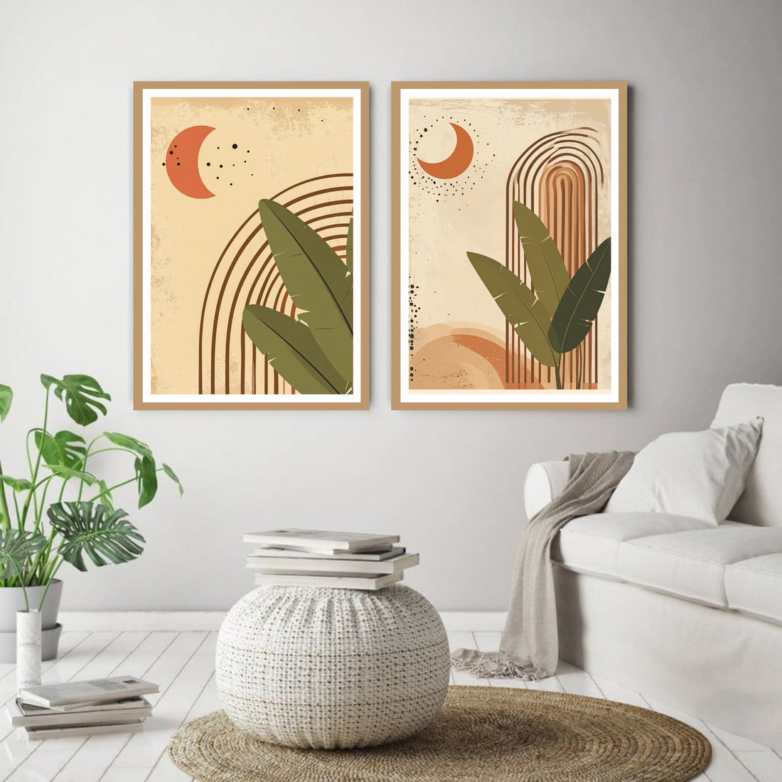 Two abstract wall art pieces with leaves and arches in a living room setting.