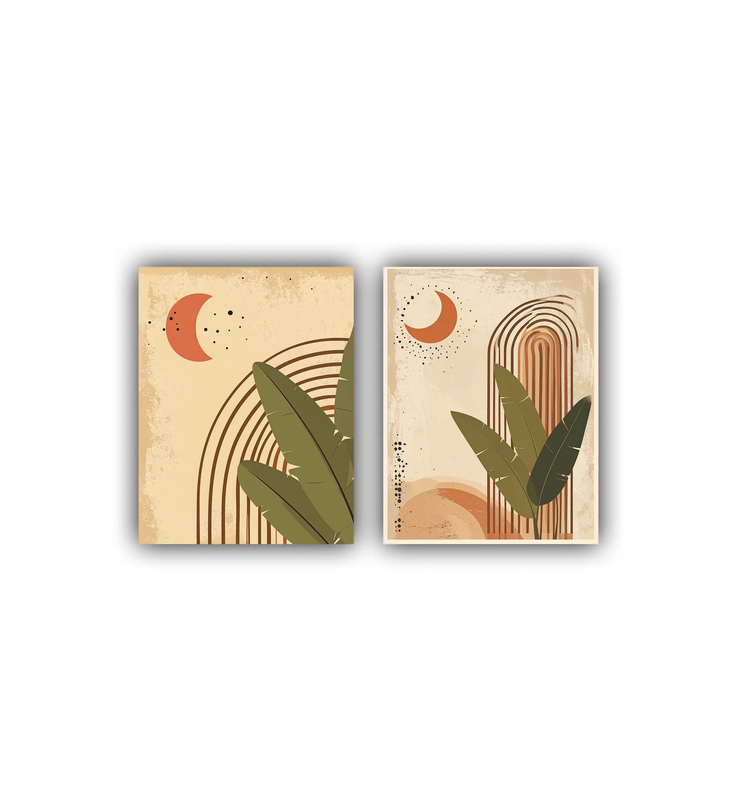 Two abstract art prints with arches, leaves, and a moon on a beige background.