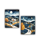 Two framed artworks of a village scene with trees and a bridge under a night sky.