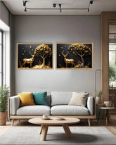Elegant Golden Deer and Tree Wall Art Set in Natural Wood Frames Displayed Above White Sofa in Modern Living Room