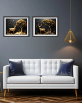 Golden Deer and Tree Canvas Wall Art Set in White Frames Displayed Above Bed in Modern Bedroom
