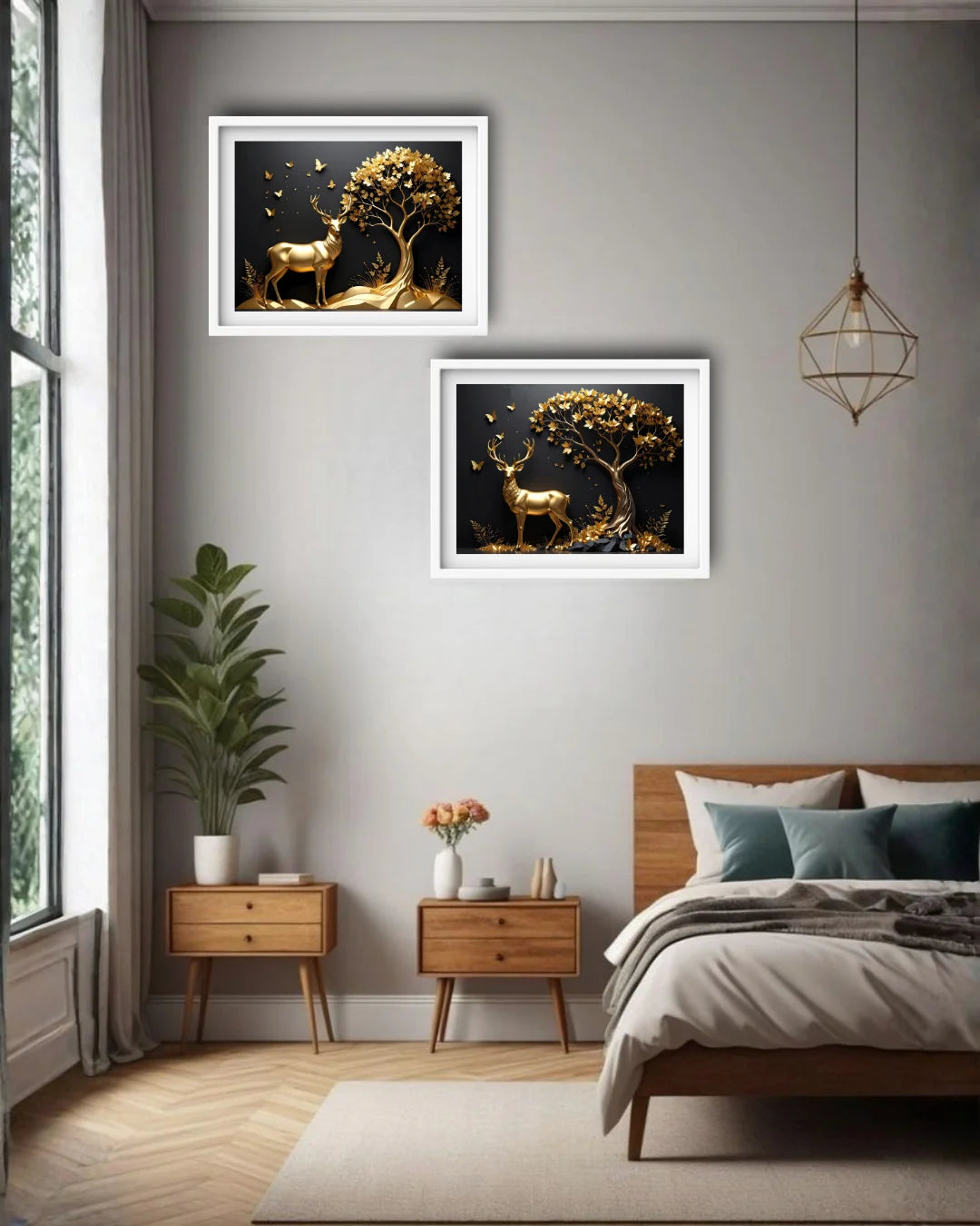 Golden Deer and Tree Canvas Wall Art Set in White Frames Displayed Above Bed in Modern Bedroom