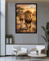 Framed artwork of two lions walking together on a wall in a modern living room.