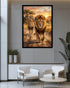 Framed artwork of two lions walking together on a wall in a modern living room.