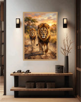 Framed artwork of two lions walking together on a wall in a modern interior setting.