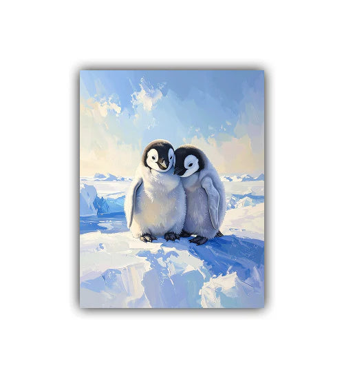 Two penguins on a snowy landscape with a blue sky.