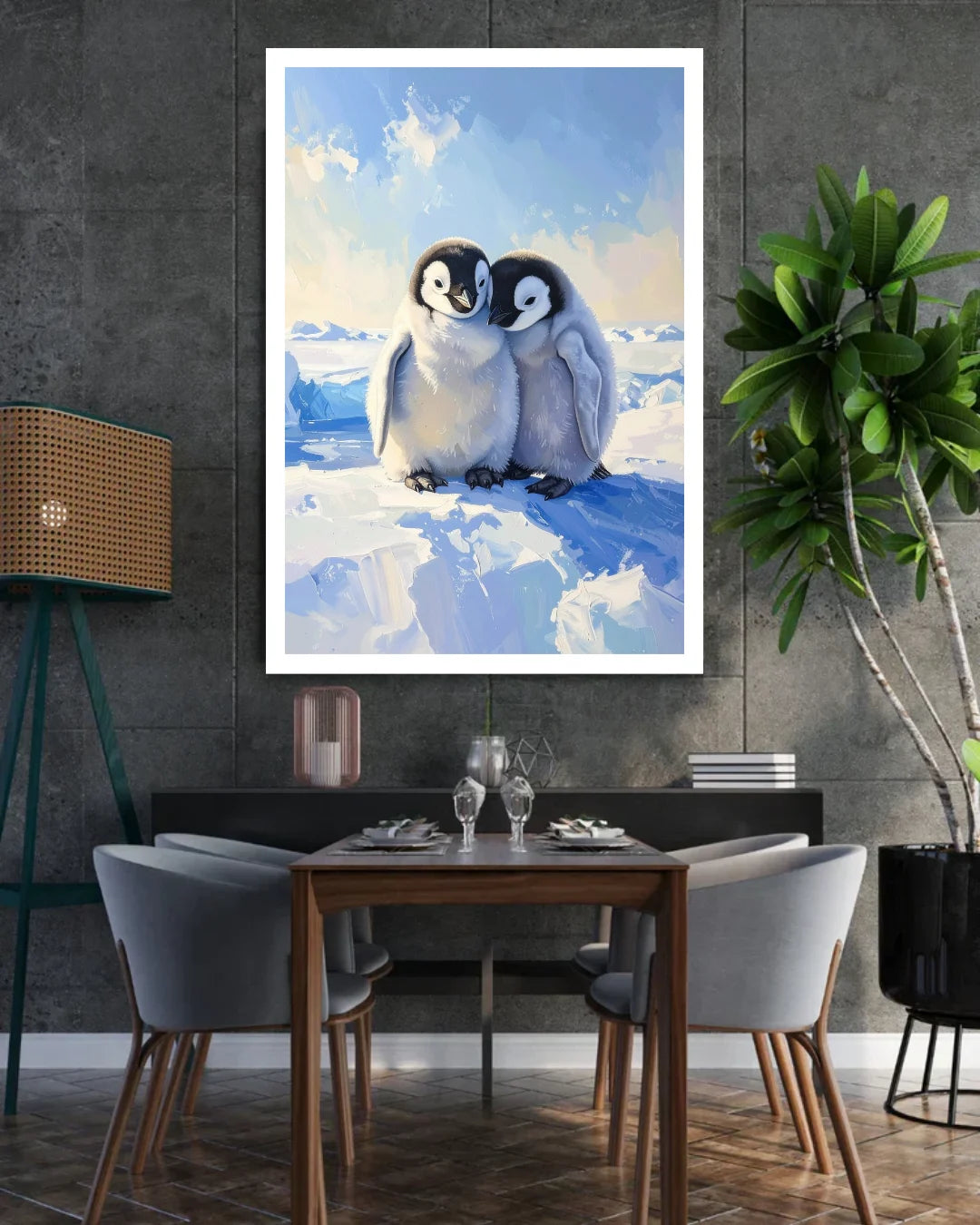 Framed artwork of two penguins on a snowy landscape above a dining table.