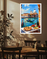 A framed art print depicting a colorful Venetian canal scene with gondolas, domes, and a table of food in the foreground, displayed on a wall above a wooden dining table in a sunlit room.