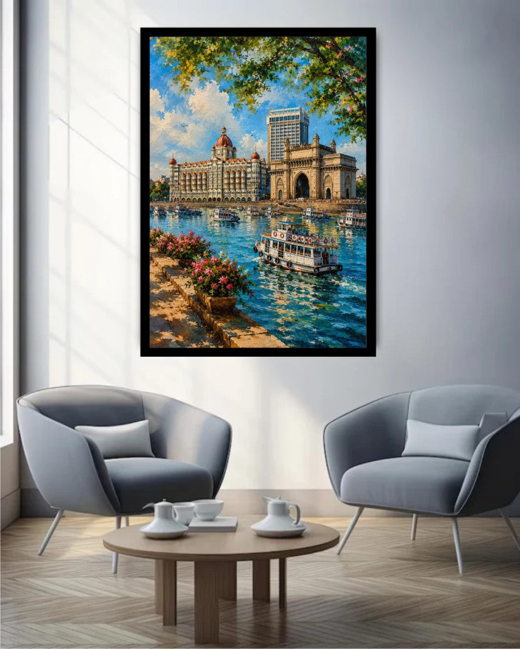 A framed vertical canvas print of a vibrant city harbor scene with boats, historic architecture, and lush green foliage, displayed on a light gray wall in a modern living room setting with two gray armchairs and a wooden coffee table.