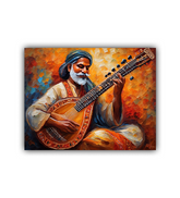 Colorful guitar musician artwork mounted on a bright interior wall with décor elements.