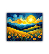 Vibrant expressionist painting of a sunflower field with a house, hills, and a large glowing sun in a Van Gogh style.
