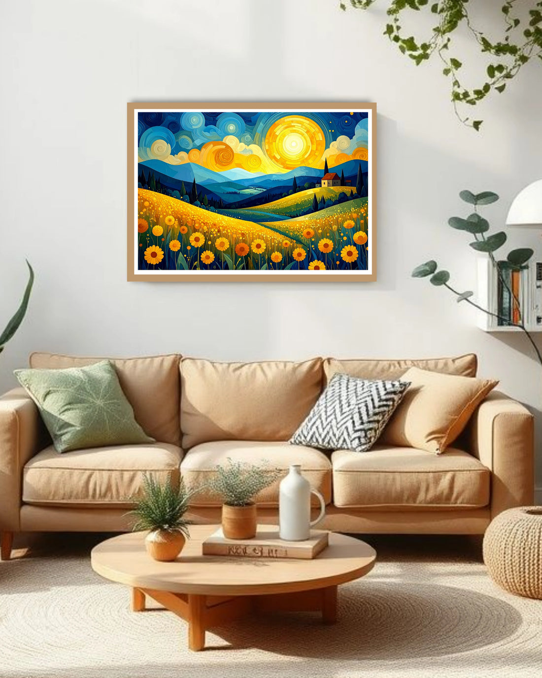 Vibrant expressionist painting of a sunflower field with a house, hills, and a large glowing sun in a Van Gogh style.