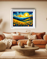 Vibrant expressionist painting of a sunflower field with a house, hills, and a large glowing sun in a Van Gogh style.