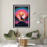 Vintage-style surreal art with glowing sun