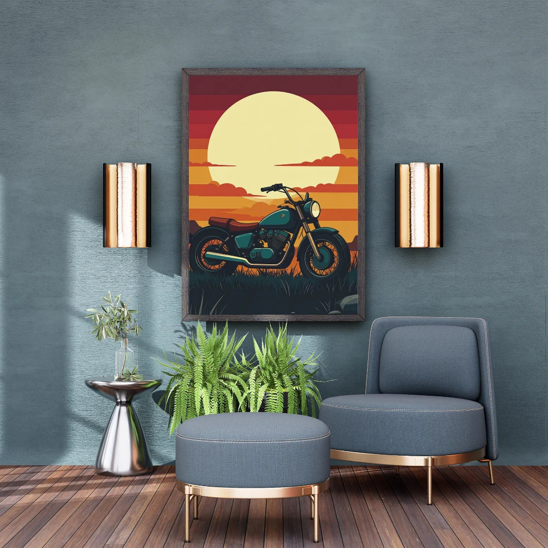 Retro motorcycle wall art canvas painting with sunset background
