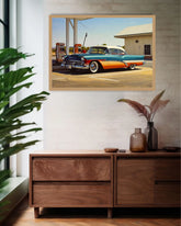 Vintage car wall art canvas displayed in a living room