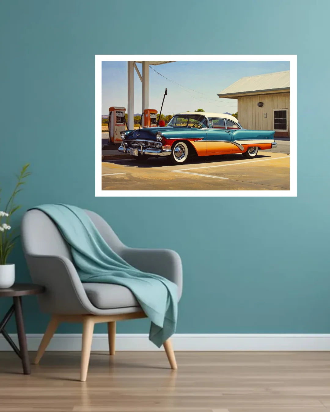 Vintage car wall art featuring a turquoise and orange classic car