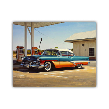 Vintage car wall art canvas featuring a retro gas station scene