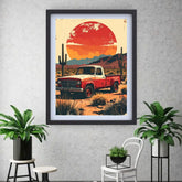 Classic car sunset wall art in retro style
