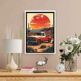 Vintage car driving through desert sunset artwork