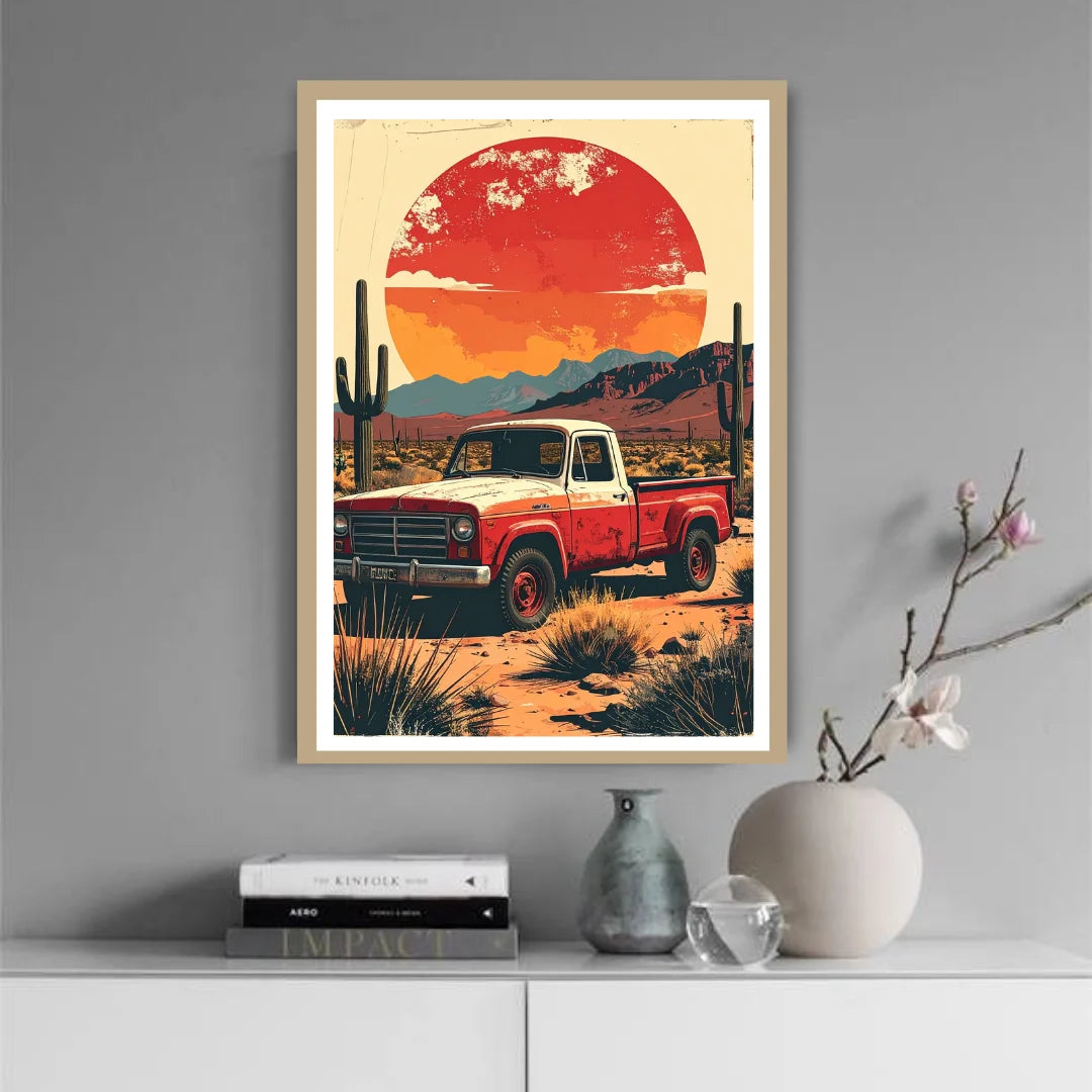 Retro desert sunset painting with vintage car