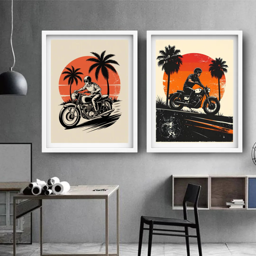 Vintage motorcycle palm tree canvas wall art
