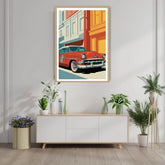 Vintage red car city illustration canvas wall art
