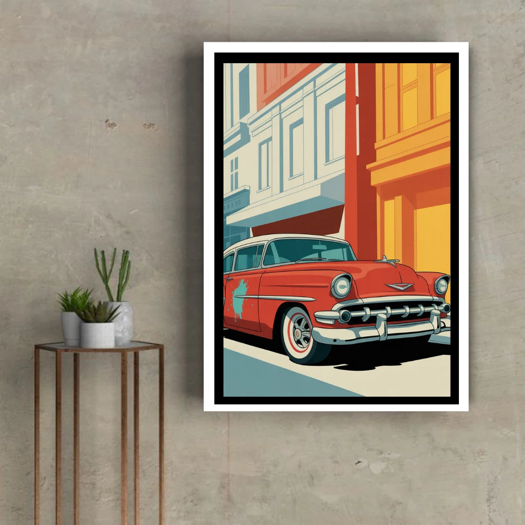 Vintage automobile cityscape canvas artwork
