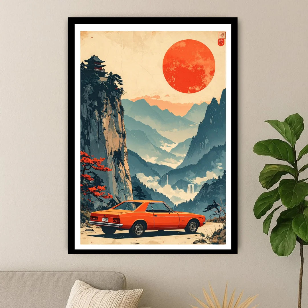 Vintage road trip with bold sunset
