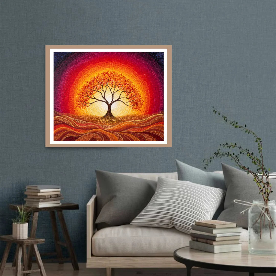 Spiritual tree of life wall art painting with glowing sunrise
