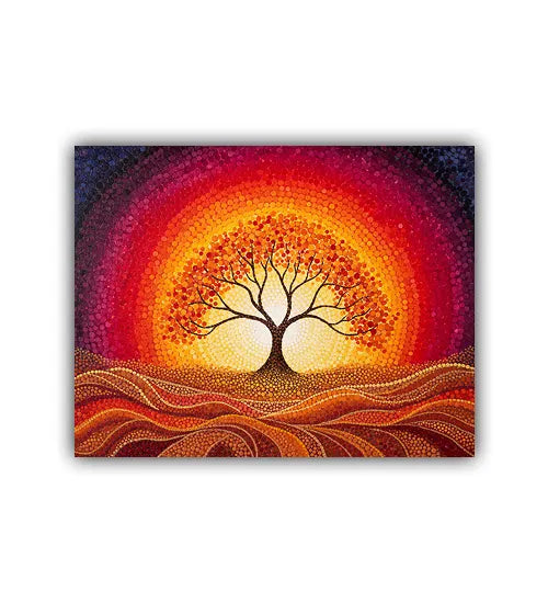 Tree of life sunrise painting with warm orange and red tones
