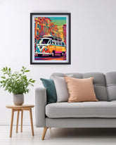 Retro city street van canvas wall art
