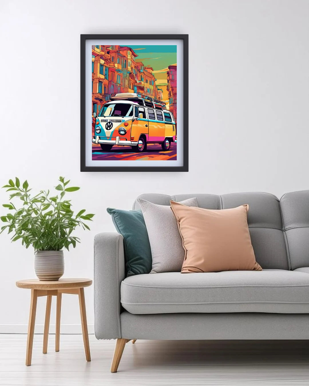 Retro city street van canvas wall art
