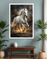 Framed artwork of a galloping horse on a wall above a wooden console table with plants.