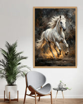 Framed painting of a white horse in a dynamic pose on a wall above a chair and plant.