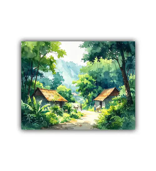 Watercolor village huts in forest.