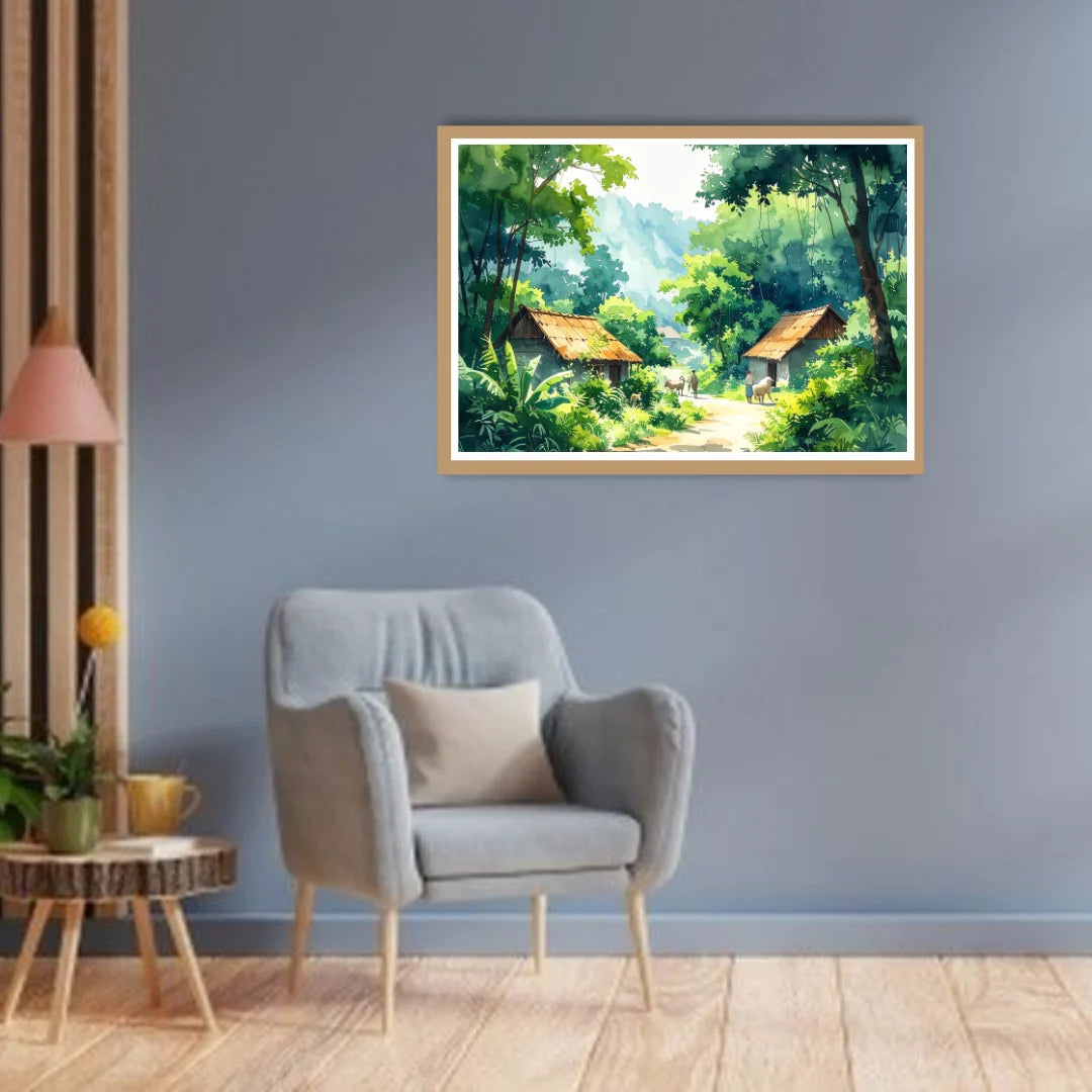 Watercolor village huts in forest.