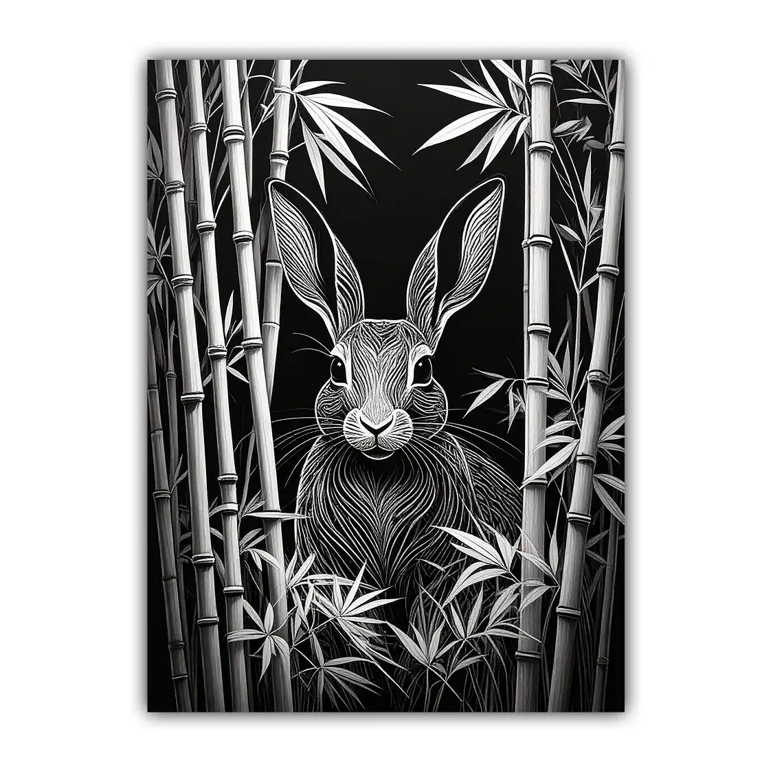Black &amp; White Rabbit in Bamboo – Wall Art Canvas