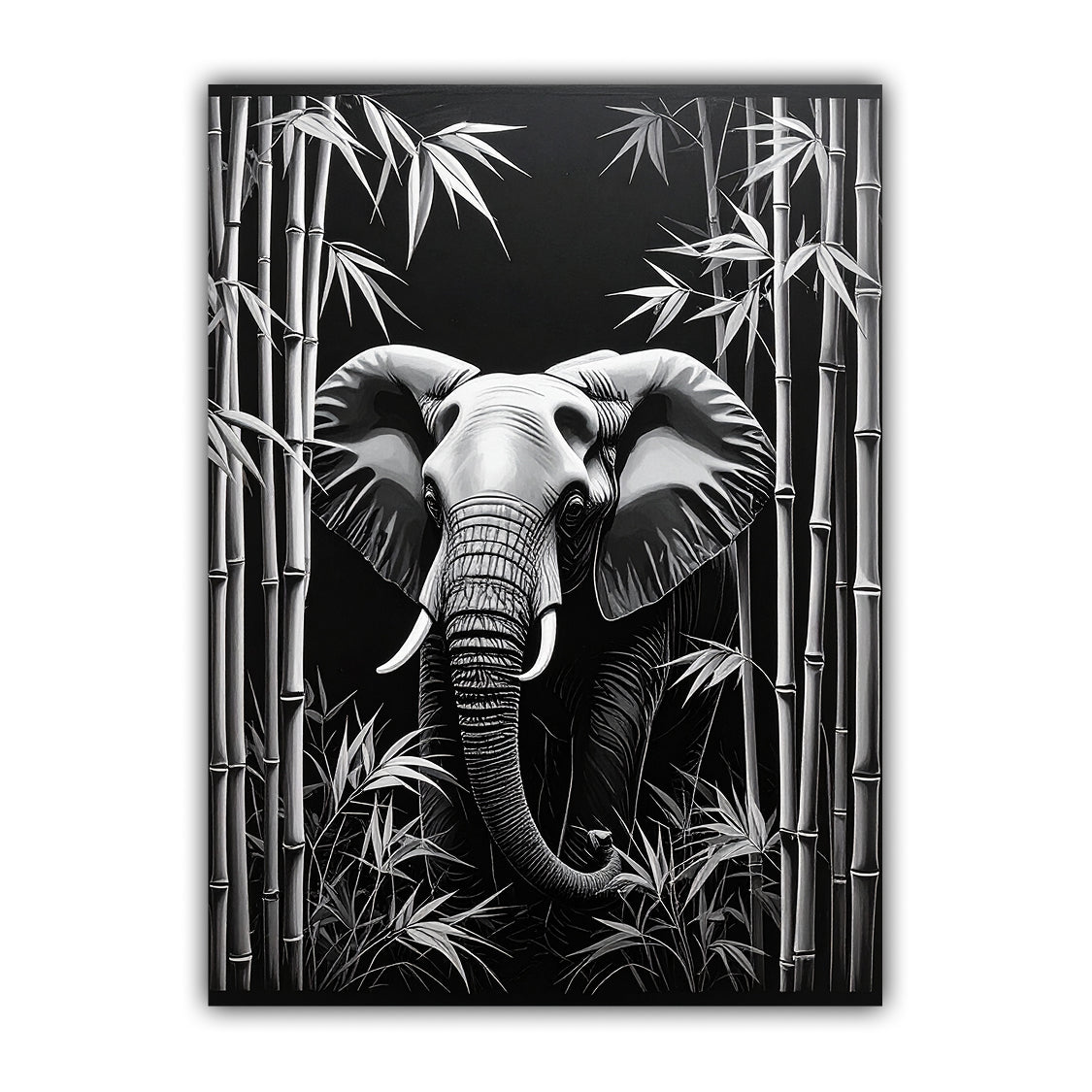 Black &amp; White Elephant in Bamboo – Wall Art Canvas