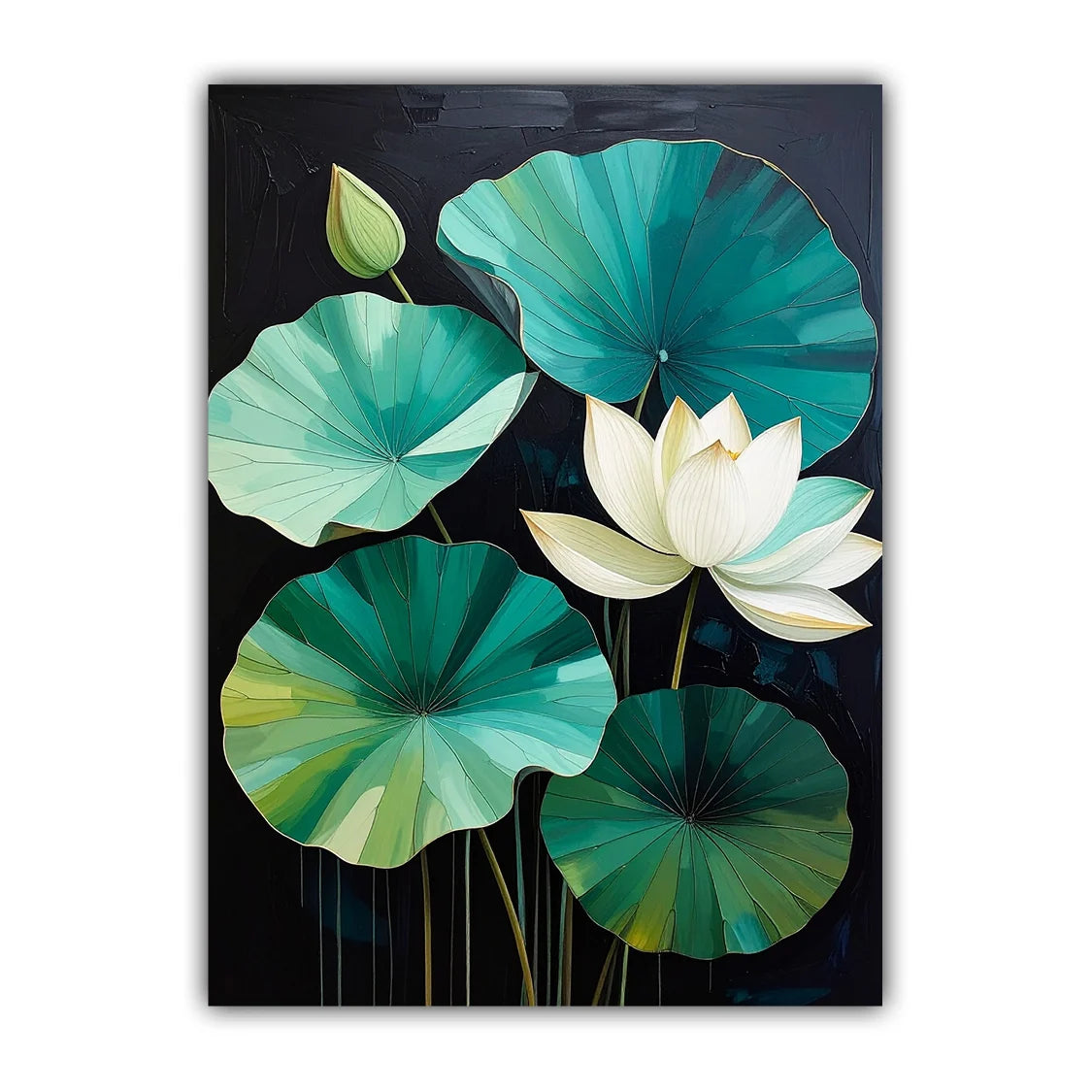 White Lotus with Teal Green Leaves – Wall Art Canvas
