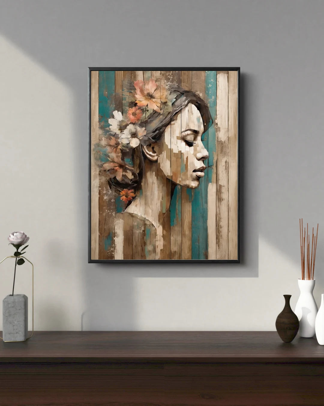 Abstract female portrait wall art with earthy tones and floral textures for modern interiors

