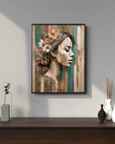 Abstract female portrait wall art with earthy tones and floral textures for modern interiors
