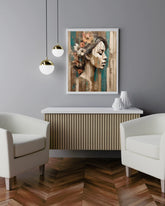 Modern abstract woman face painting in neutral and teal shades for living room decor
