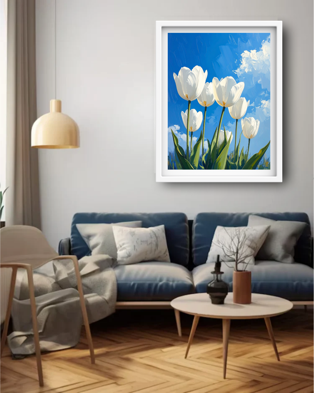 White Tulips Blue Sky - Wall Art Canvas